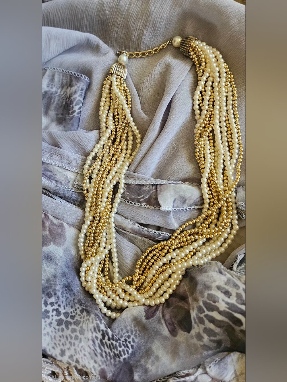Chic Multi-Strand Layered Faux Pearl & Gold Bead Collar Necklace